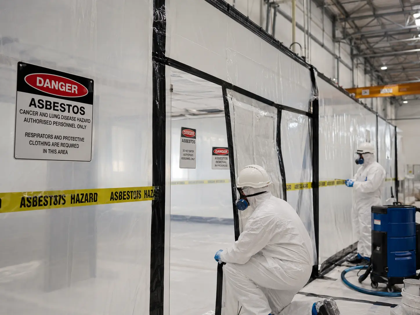 Industrial asbestos containment enclosure set up inside a warehouse in Brisbane with licensed removal workers in protective gear