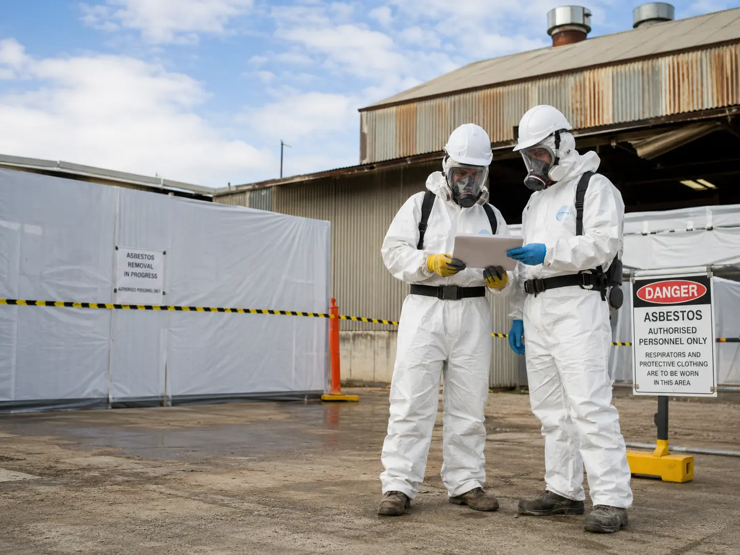 Licensed asbestos removal workers reviewing site documents at an industrial asbestos removal project in Brisbane