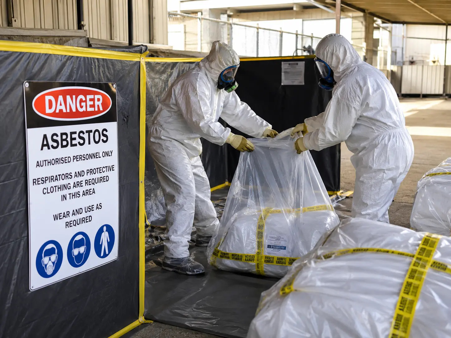 Two workers in hazmat suits handle a waste bag at an asbestos containment area, with a danger sign nearby.