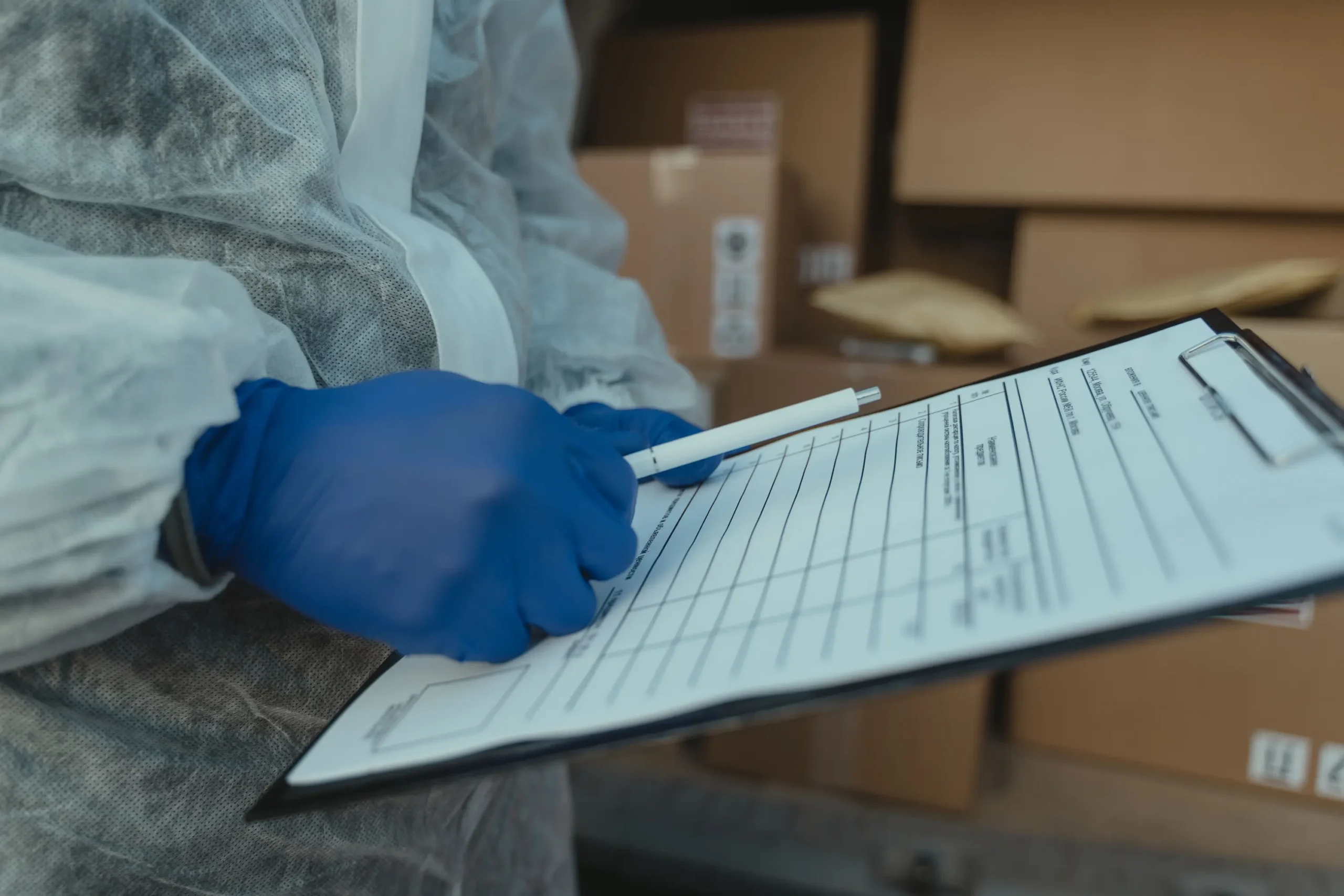 A person in protective gear and blue gloves writes on a clipboard with forms in a lab or medical setting herum (informational)